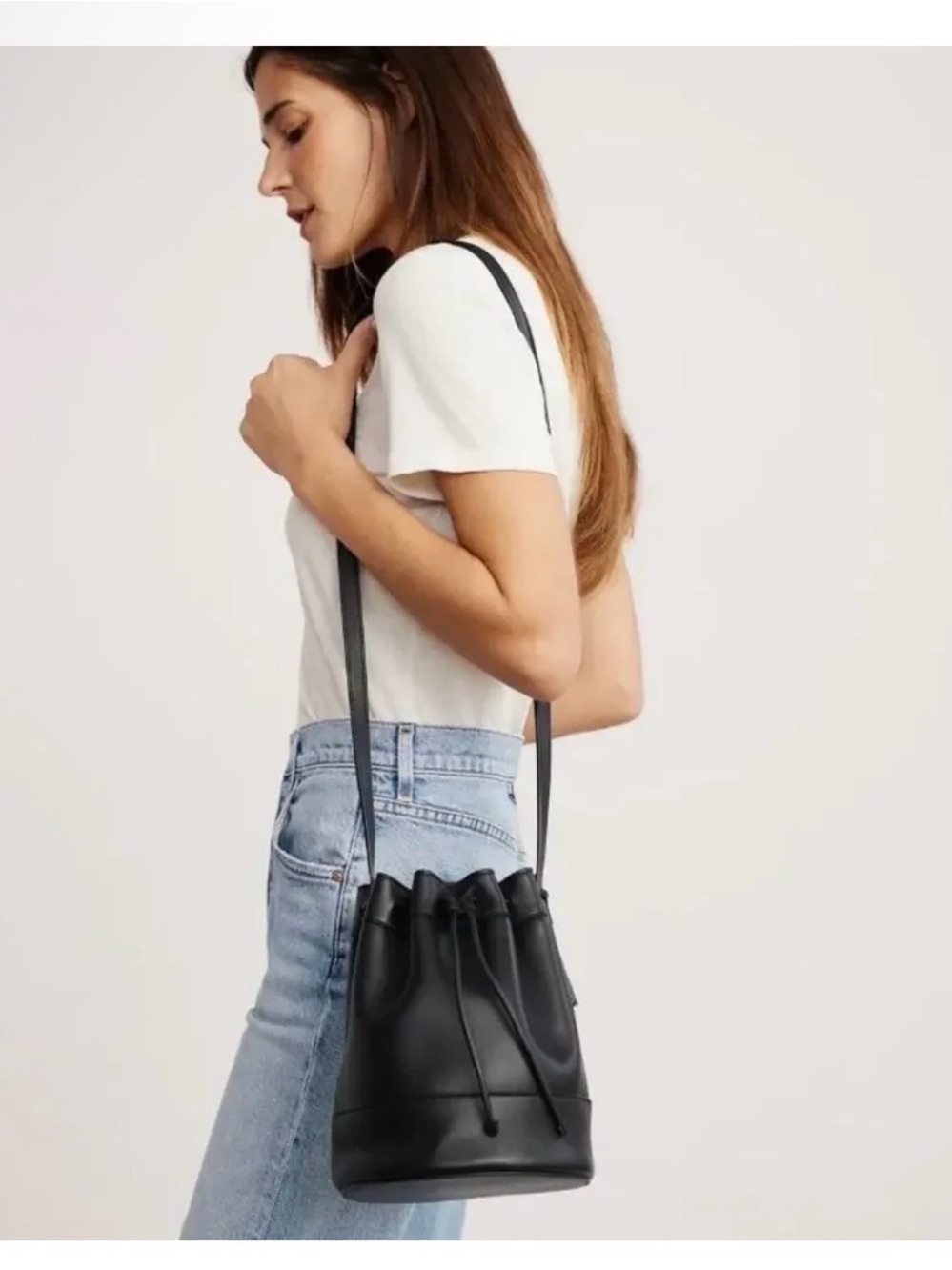 Jenni Kayne Black Leather Drawstring Bucket Crossbody